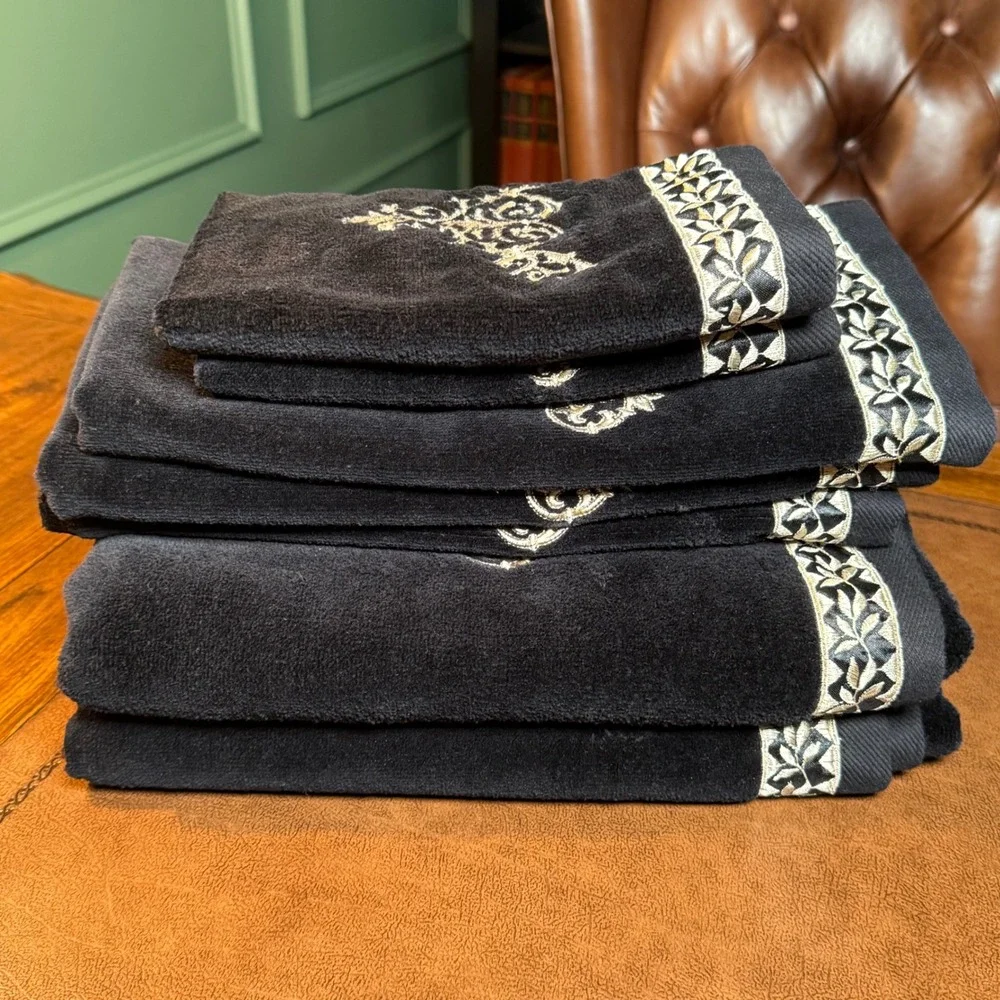 KassaFina‎ Black Gold Embroidered Towel Set 7pc Cotton Medallion Regal Luxury
